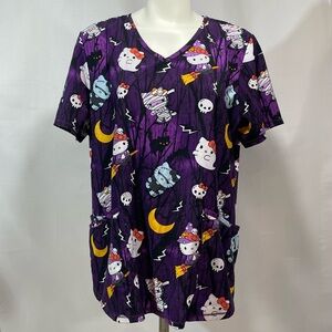 Hello Kitty Halloween Scrub Top Large Purple Night Fun Witch Cat Ghost Mummy